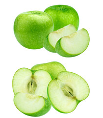 realistic photograph showcasing fresh, bright green apples in various cuts, including whole fruit, a halved piece, and two delicious sliced segments, isolated on black.