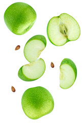 dynamic composition of floating green apple pieces and seeds, showing whole fruit, halves, and slices in mid-air motion over a transparent background.