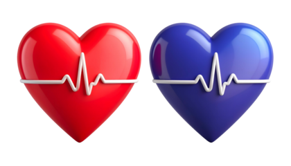 Two glossy hearts, red and blue, with overlaid white electrocardiogram lines, isolated on black