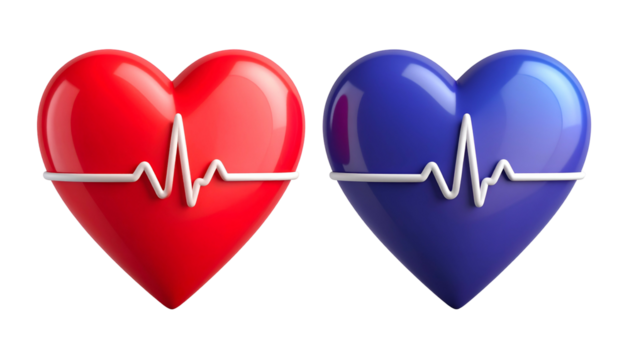 Two glossy hearts, red and blue, with overlaid white electrocardiogram lines, isolated on black