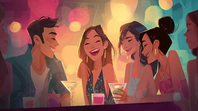  A group of friends laughing together at a gay bar 