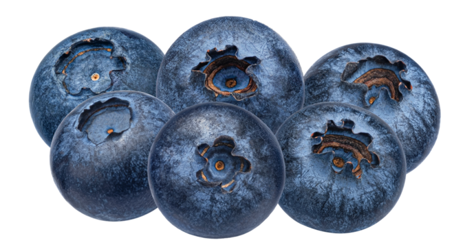 macro photograph of a tight cluster of fresh, ripe, and juicy blueberries featuring exceptional detail and rich blue color, isolated on black.