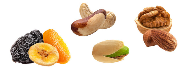 a diverse cluster of wholesome nuts and dried fruits, featuring brazil nuts, pistachios, walnuts, and plump dried apricots, isolated on black for easy integration.