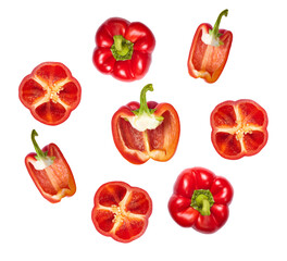 a diverse arrangement of vibrant red bell peppers, including whole capsicums and various halves and cross-sections, perfectly isolated for high-impact design.