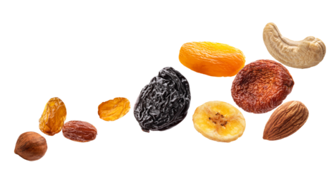 a flowing arrangement of diverse, healthy snacks, including cashews, almonds, prunes, dried apricots, and raisins, captured in high detail against a transparent background.