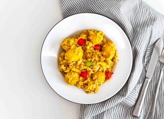 Traditional Brazilian dish of rice, chicken, and pequi (Brazilian caryocar), known as Goiana chicken stew.