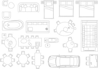 Collection of hand drawn architectural floor plan symbols and furniture icons for interior design and home planning