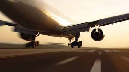 aerodynamics. Commercial airplane taking off with motion blur and golden sunset lighting. inspiring travel planning, mobility guides, designed for mobility and urban transit guides.