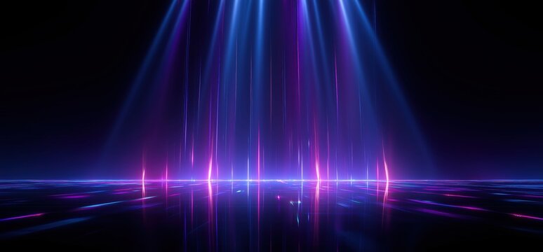 3d render, abstract background with neon light rays and laser beams on a dark stage shiny nightclub scene Generative AI