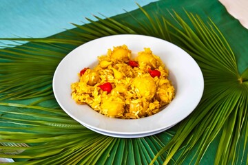 Traditional Brazilian dish of rice, chicken, and pequi (Brazilian caryocar), known as Goiana chicken stew.