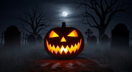 Jackolantern in spooky graveyard.