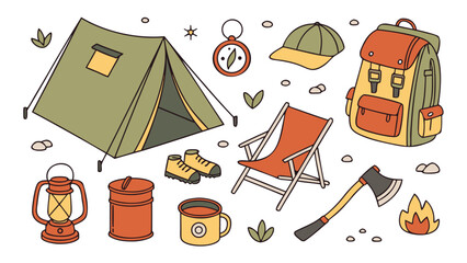 A colorful flat vector illustration of camping and outdoor adventure equipment arranged on a white background. Items include a green tent, campfire, lantern, backpack, boots, hat, sleeping bag.