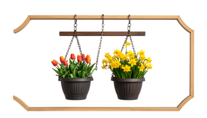 Two hanging flower pots, one red tulips, the other yellow daffodils, in a decorative frame