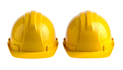 Two bright yellow safety helmets side-by-side, isolated on a transparent background