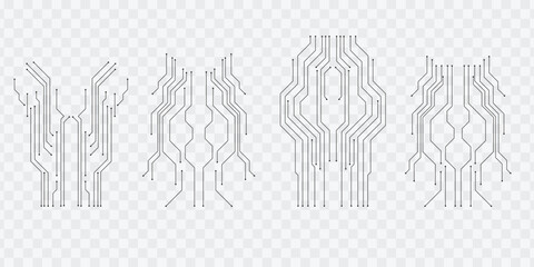 Black circuit line set vector on transparent background for technology and PCB design.