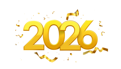 Gleaming gold "2026" text with confetti and streamers on a black backdrop