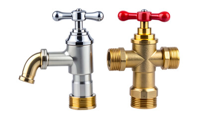 Two plumbing faucets, one chrome and one brass with red handle, isolated on a black background