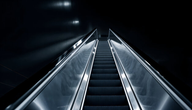 Escalator in dark modern building interior with lights and symmetry, symbolizing movement, corporate transition, progress, business development, and modern architecture concept