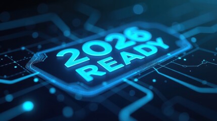 A glowing blue 2026 ready text on a dark background with circuit board pattern and bokeh effect lights, happy new year, count down