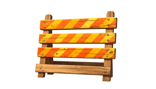 A cartoonish, wooden barricade with orange and yellow diagonal stripes, used for blocking