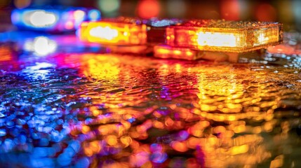 siren. Abstract patterns of emergency vehicle lights reflecting on wet pavement, creating a dramatic visual effect. mobility guides, transit brochures, designed for transport & logistics marketing.