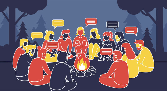 Group of diverse people sitting around campfire sharing thoughts and ideas in the forest at night, creating a sense of community and connection.