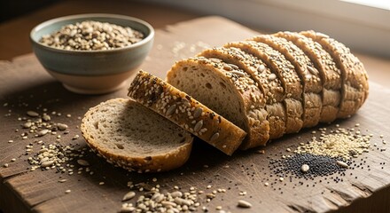 Artisanal Seeded Bread: A Slice of Freshness on a Rustic Wooden Board