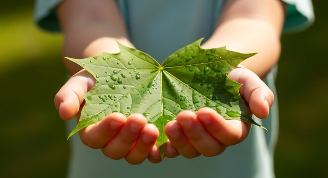 Childs hands holding maple leaf. - Powered by Adobe