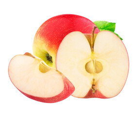 detailed photograph of a fresh red and yellow apple, featuring a whole fruit, a precise half cut exposing the core, and a separate slice, isolated on black.