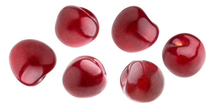 studio photograph of seven glossy, deep red cherries scattered and individually distinct, showcasing the fresh, ripe fruit isolated sharply against a pure transparent background.