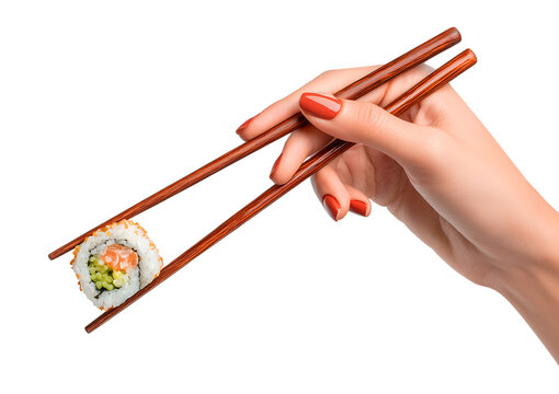 Picking up a fresh salmon sushi roll with elegant chopsticks isolated on a transparent background