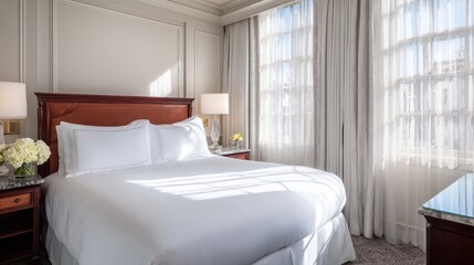 mattress. Elegant hotel bedroom with white linens and plush pillows illuminated by soft morning sunlight, lifestyle magazines.
