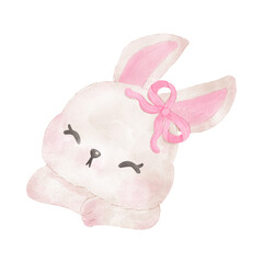 Cute Watercolor Bunny with Pink Bow.