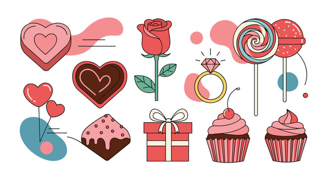 Valentine's Day themed illustration set with hearts, rose, ring, candies, present, and cupcakes on white background, perfect for graphic design.