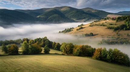 Obraz premium concentric. Mountain valley with concentric air ripples, misty natural landscape. travel magazines, destination branding, designed for travel destination branding, inspires travel planning. 