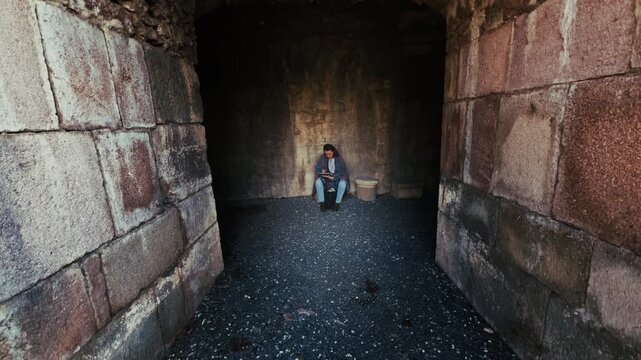 Archaeology Student  in the Ancient Rome Hospital Asclepieion Tunnel of Pergamon