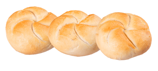 photograph showcasing a horizontal line of three plump, perfectly shaped kaiser rolls, characterized by their light crust and classic swirl pattern, set against a dark backdrop.