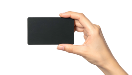 Human hand holding a black, rectangular object against a transparent backdrop