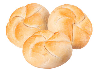 photograph of three appetizing, freshly baked kaiser rolls grouped in a triangular composition, showing off their soft texture and signature five-pointed star pattern.