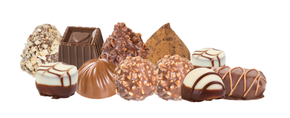 large varied assortment of luxury gourmet chocolates and truffles, showcasing different shapes, coatings, and colors, isolated on transparent background photograph.