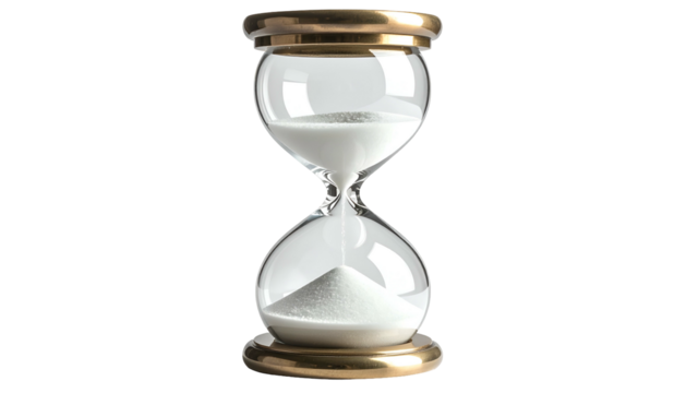 An hourglass with white sand falling from top to bottom, gold rimmed against black
