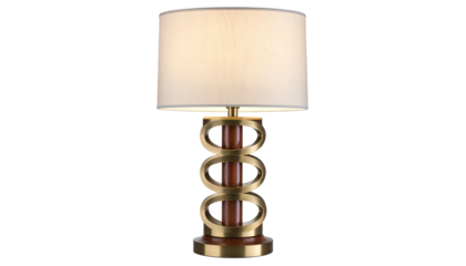 A stylish lamp with a cylindrical shade sits atop a unique wooden and metal base