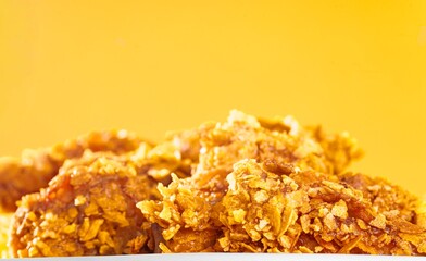 A heap of crunchy, golden chicken pieces rests on a white surface, set against a vibrant yellow background. The texture is crispy and appetizing