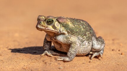 Obraz premium herpetology. Macro view of a Sonoran Desert Toad resting on sandy terrain in natural sunlight. wildlife magazines, conservation campaigns, designed for wildlife conservation campaigns. 