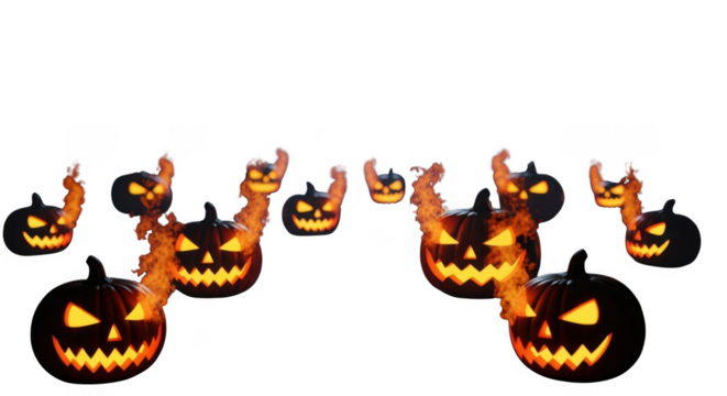 Flaming jackolanterns in halloween decoration style isolated on transparent background