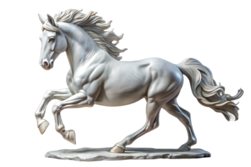 Classic silver-gray metallic horse sculpture with elegant flowing mane in galloping pose, isolated on a transparent background