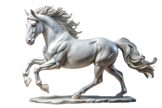 Classic silver-gray metallic horse sculpture with elegant flowing mane in galloping pose, isolated on a transparent background