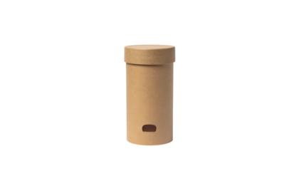 A cylindrical, brown cardboard container with a fitted lid and a small opening