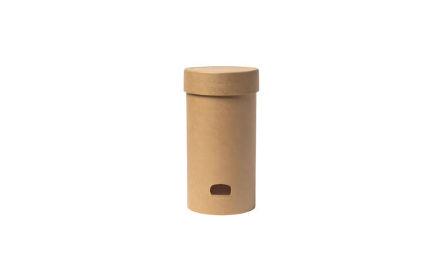 A cylindrical, brown cardboard container with a fitted lid and a small opening