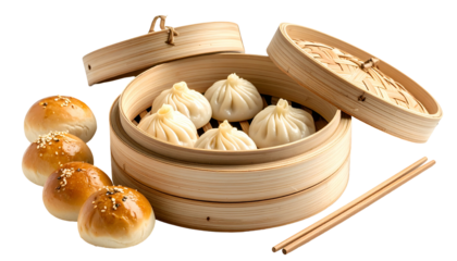 Close-up of traditional bamboo steamer with dumplings and sesame seed buns plus chopsticks